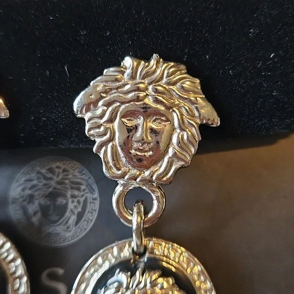 Versace Silver Black White Medusa Drop Clip Earrings Reversible